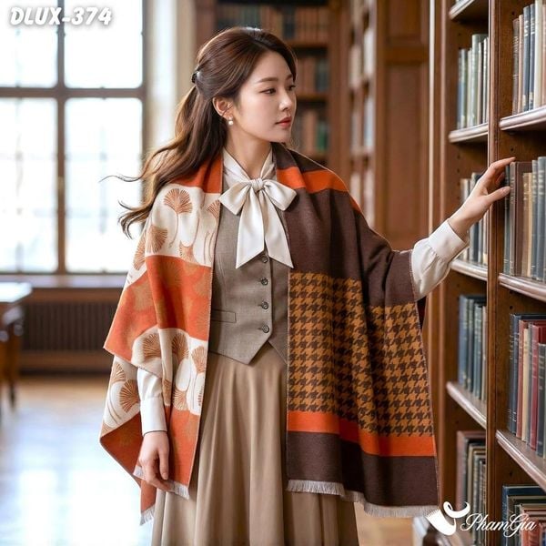 Khăn Choàng Dạ Cashmere Cao Cấp Họa Tiết Lá Rẻ Quạt Màu Vàng Đất (DLUX374)