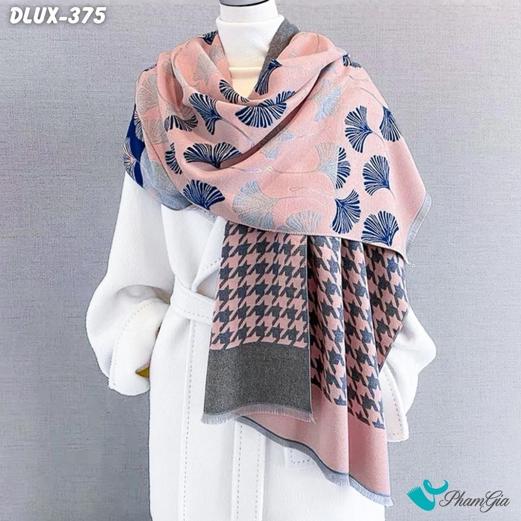 Khăn Choàng Dạ Cashmere Cao Cấp Họa Tiết Lá Rẻ Quạt Màu Hồng (DLUX375)