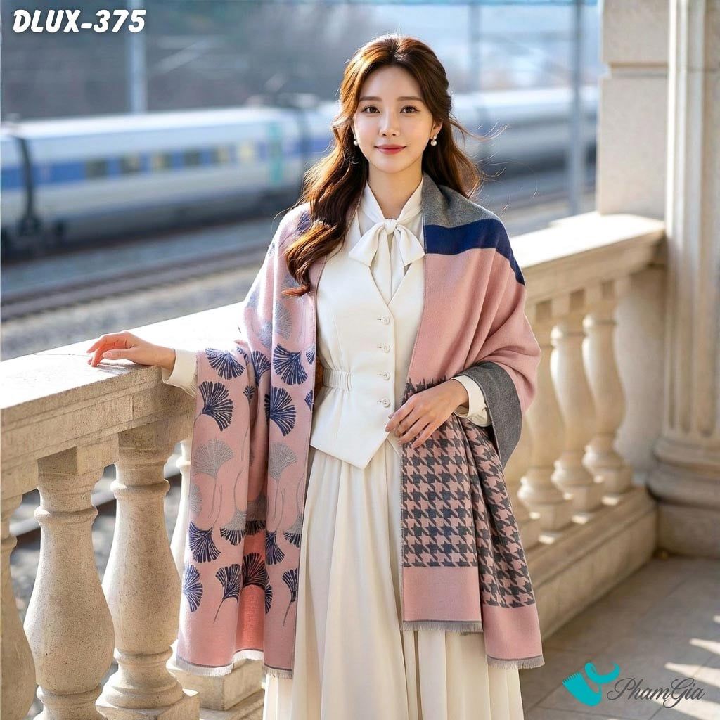 Khăn Choàng Dạ Cashmere Cao Cấp Họa Tiết Lá Rẻ Quạt Màu Hồng (DLUX375)
