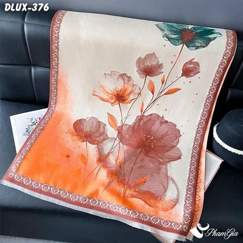 Khăn Choàng Dạ Cashmere Cao Cấp Họa Tiết Hoa Phù Dung Phối Màu Viền Nâu (DLUX376)