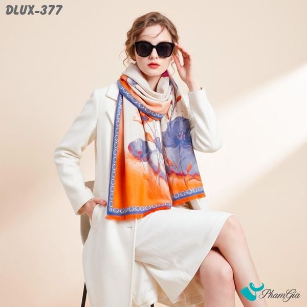 Khăn Choàng Dạ Cashmere Cao Cấp Họa Tiết Hoa Phù Dung Phối Màu Viền Xanh (DLUX377)