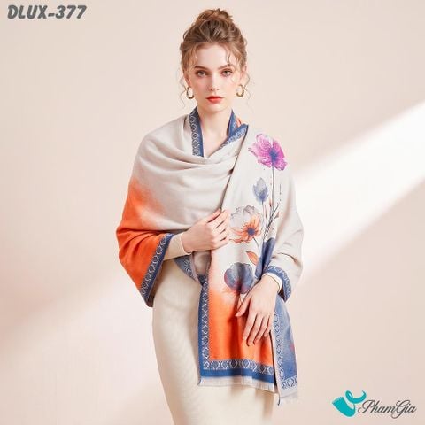 Khăn Choàng Dạ Cashmere Cao Cấp Họa Tiết Hoa Phù Dung Phối Màu Viền Xanh (DLUX377)