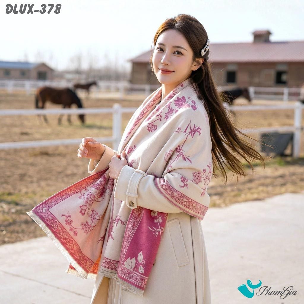 Khăn Choàng Dạ Cashmere Cao Cấp Họa Tiết Phượng Hoàng Mẫu Đơn Màu Cam Hồng (DLUX378)