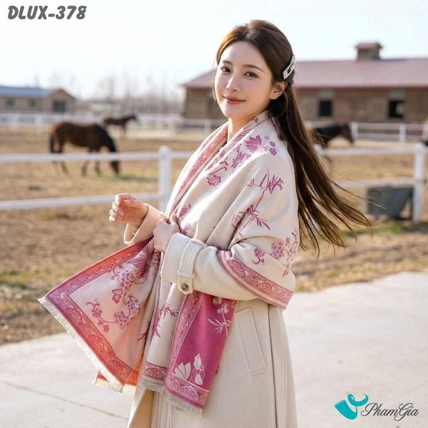 Khăn Choàng Dạ Cashmere Cao Cấp Họa Tiết Phượng Hoàng Mẫu Đơn Màu Cam Hồng (DLUX378)