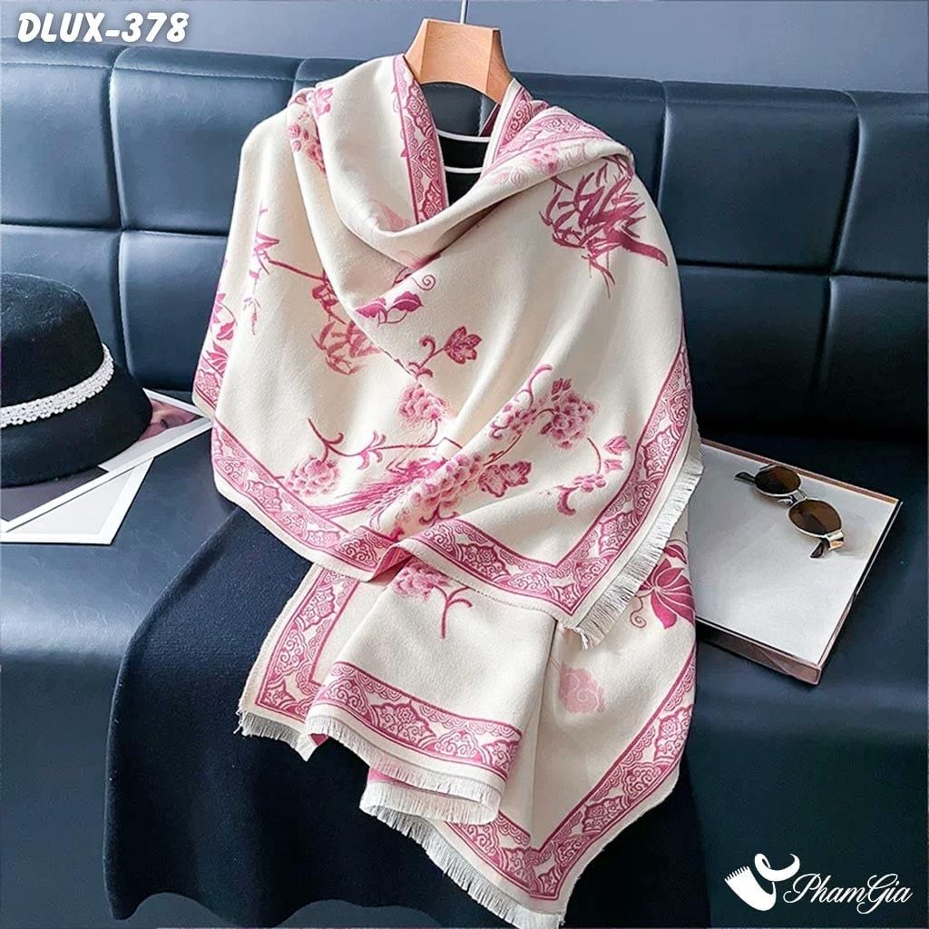 Khăn Choàng Dạ Cashmere Cao Cấp Họa Tiết Phượng Hoàng Mẫu Đơn Màu Cam Hồng (DLUX378)