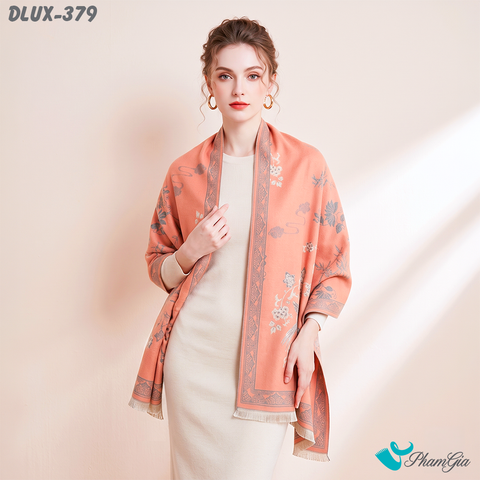 Khăn Choàng Dạ Cashmere Cao Cấp Họa Tiết Phượng Hoàng Mẫu Đơn Màu Cam San Hô (DLUX379)