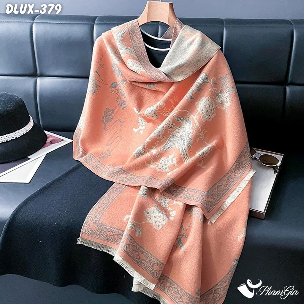 Khăn Choàng Dạ Cashmere Cao Cấp Họa Tiết Phượng Hoàng Mẫu Đơn Màu Cam San Hô (DLUX379)