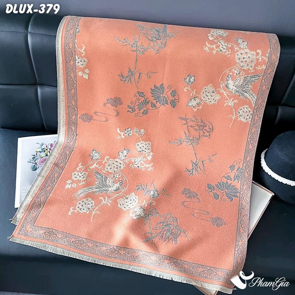 Khăn Choàng Dạ Cashmere Cao Cấp Họa Tiết Phượng Hoàng Mẫu Đơn Màu Cam San Hô (DLUX379)