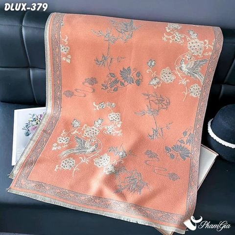 Khăn Choàng Dạ Cashmere Cao Cấp Họa Tiết Phượng Hoàng Mẫu Đơn Màu Cam San Hô (DLUX379)
