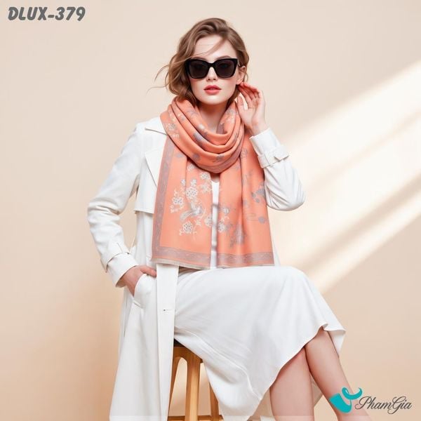 Khăn Choàng Dạ Cashmere Cao Cấp Họa Tiết Phượng Hoàng Mẫu Đơn Màu Cam San Hô (DLUX379)