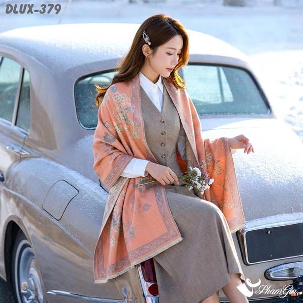 Khăn Choàng Dạ Cashmere Cao Cấp Họa Tiết Phượng Hoàng Mẫu Đơn Màu Cam San Hô (DLUX379)