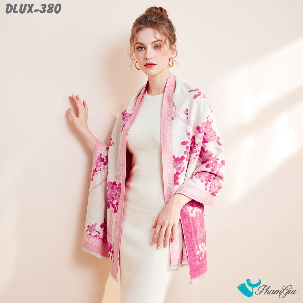 Khăn Choàng Dạ Cashmere Cao Cấp Họa Tiết Hoa Anh Đào Màu Hồng (DLUX380)