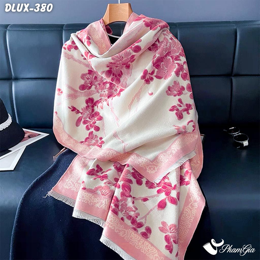 Khăn Choàng Dạ Cashmere Cao Cấp Họa Tiết Hoa Anh Đào Màu Hồng (DLUX380)