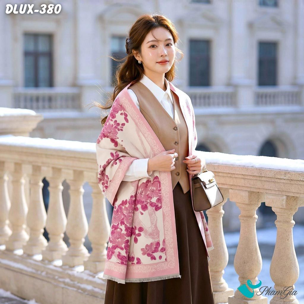 Khăn Choàng Dạ Cashmere Cao Cấp Họa Tiết Hoa Anh Đào Màu Hồng (DLUX380)
