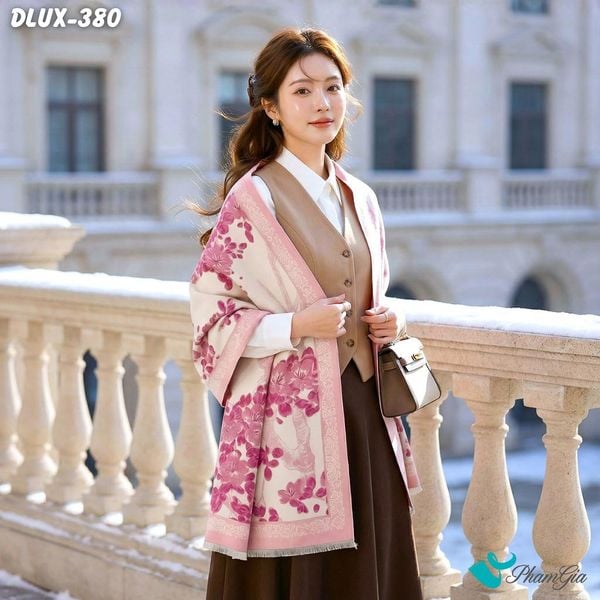 Khăn Choàng Dạ Cashmere Cao Cấp Họa Tiết Hoa Anh Đào Màu Hồng (DLUX380)
