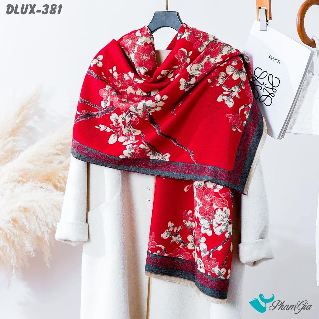Khăn Choàng Dạ Cashmere Cao Cấp Họa Tiết Hoa Anh Đào Màu Đỏ (DLUX381)
