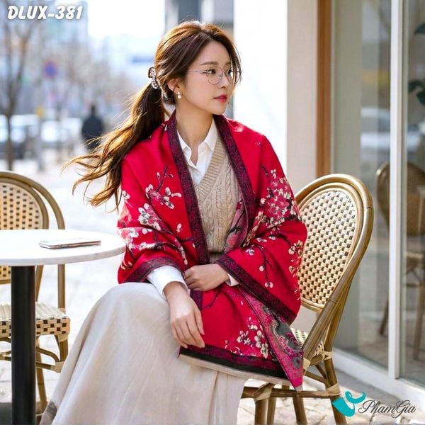 Khăn Choàng Dạ Cashmere Cao Cấp Họa Tiết Hoa Anh Đào Màu Đỏ (DLUX381)