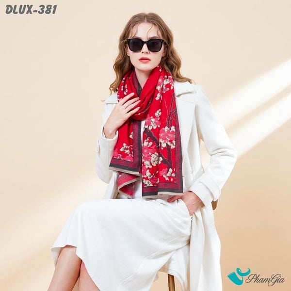 Khăn Choàng Dạ Cashmere Cao Cấp Họa Tiết Hoa Anh Đào Màu Đỏ (DLUX381)