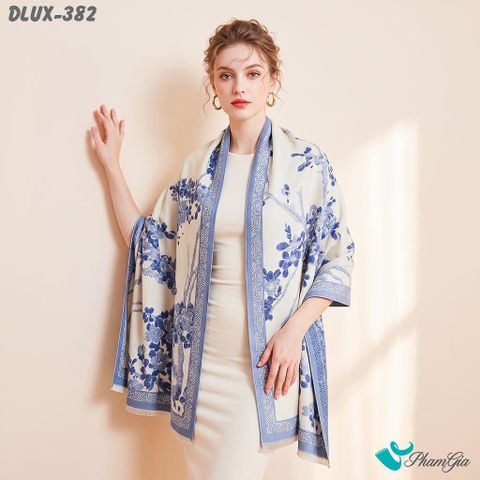 Khăn Choàng Dạ Cashmere Cao Cấp Họa Tiết Hoa Anh Đào Màu Xanh (DLUX382)