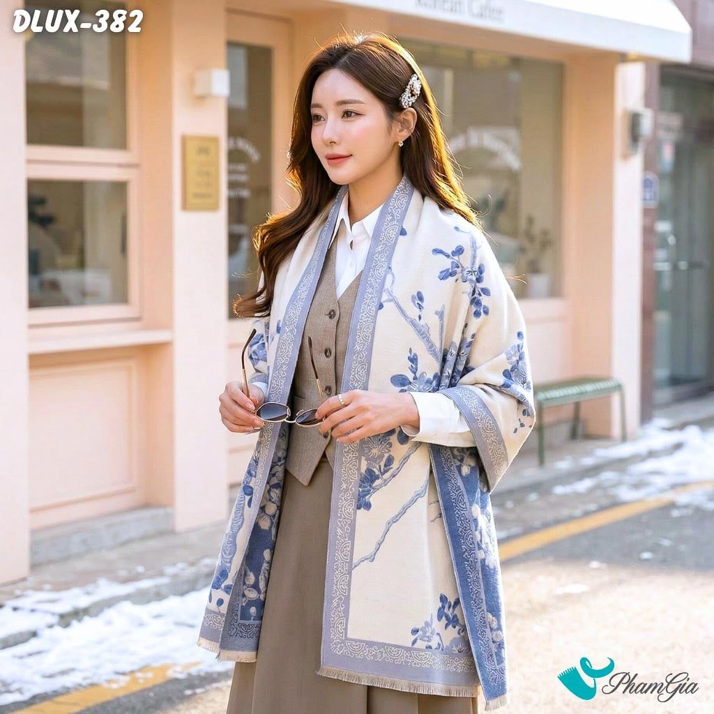 Khăn Choàng Dạ Cashmere Cao Cấp Họa Tiết Hoa Anh Đào Màu Xanh (DLUX382)