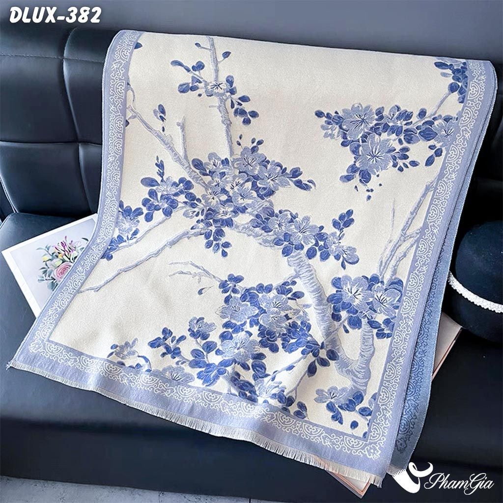 Khăn Choàng Dạ Cashmere Cao Cấp Họa Tiết Hoa Anh Đào Màu Xanh (DLUX382)