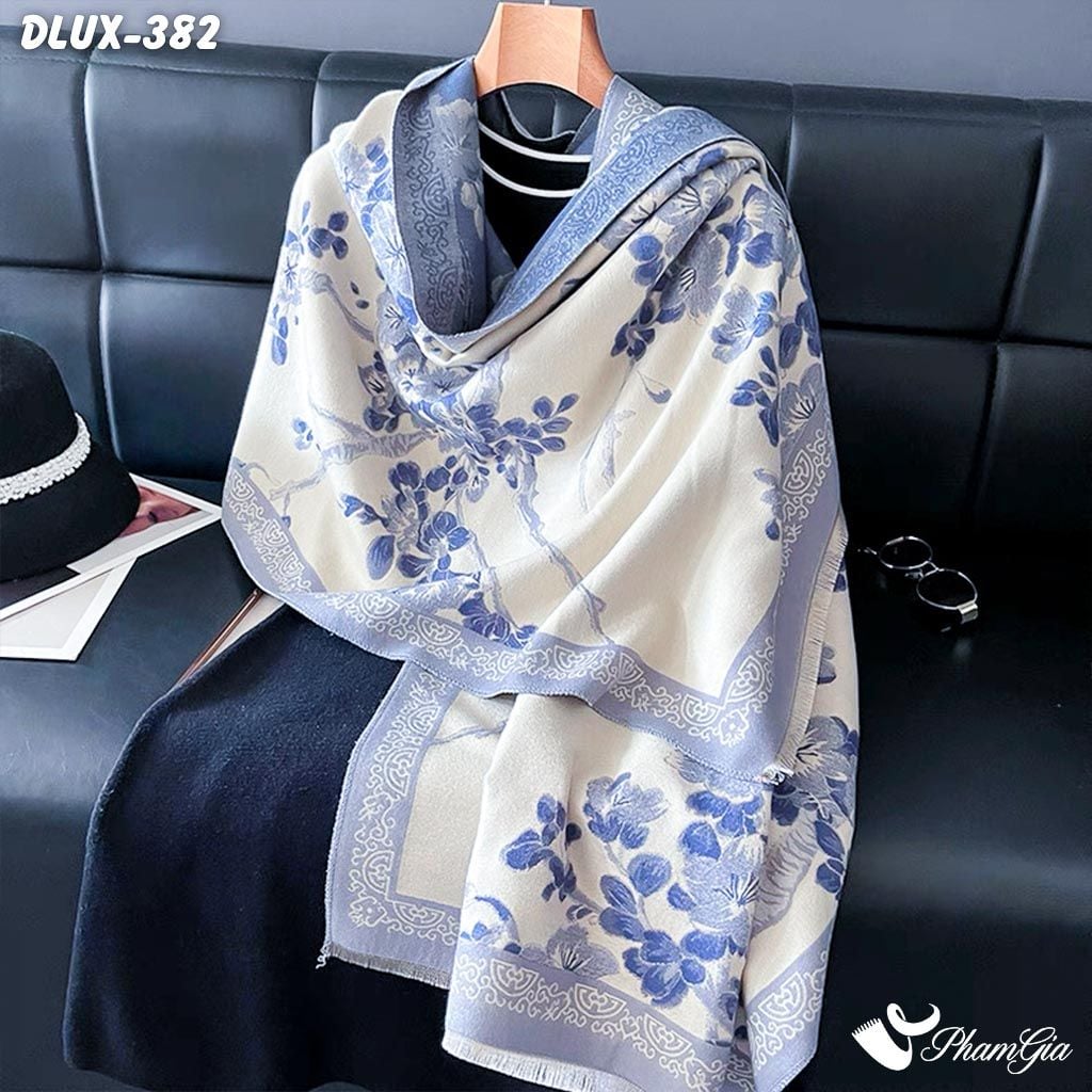 Khăn Choàng Dạ Cashmere Cao Cấp Họa Tiết Hoa Anh Đào Màu Xanh (DLUX382)