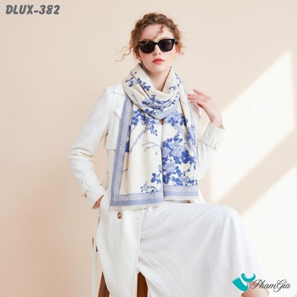 Khăn Choàng Dạ Cashmere Cao Cấp Họa Tiết Hoa Anh Đào Màu Xanh (DLUX382)