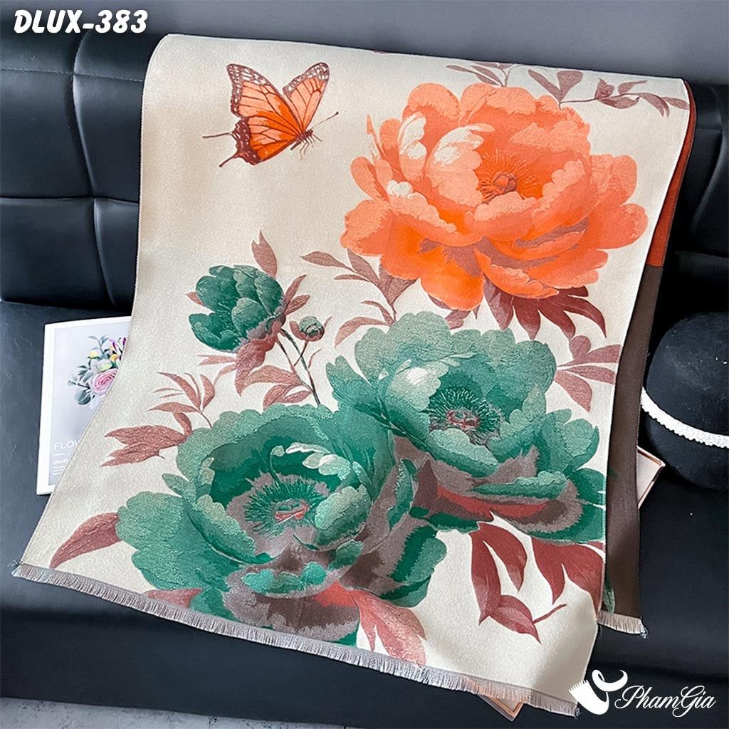 Khăn Choàng Dạ Cashmere Cao Cấp Họa Tiết Hoa Mẫu Đơn Màu Xanh Ngọc (DLUX383)