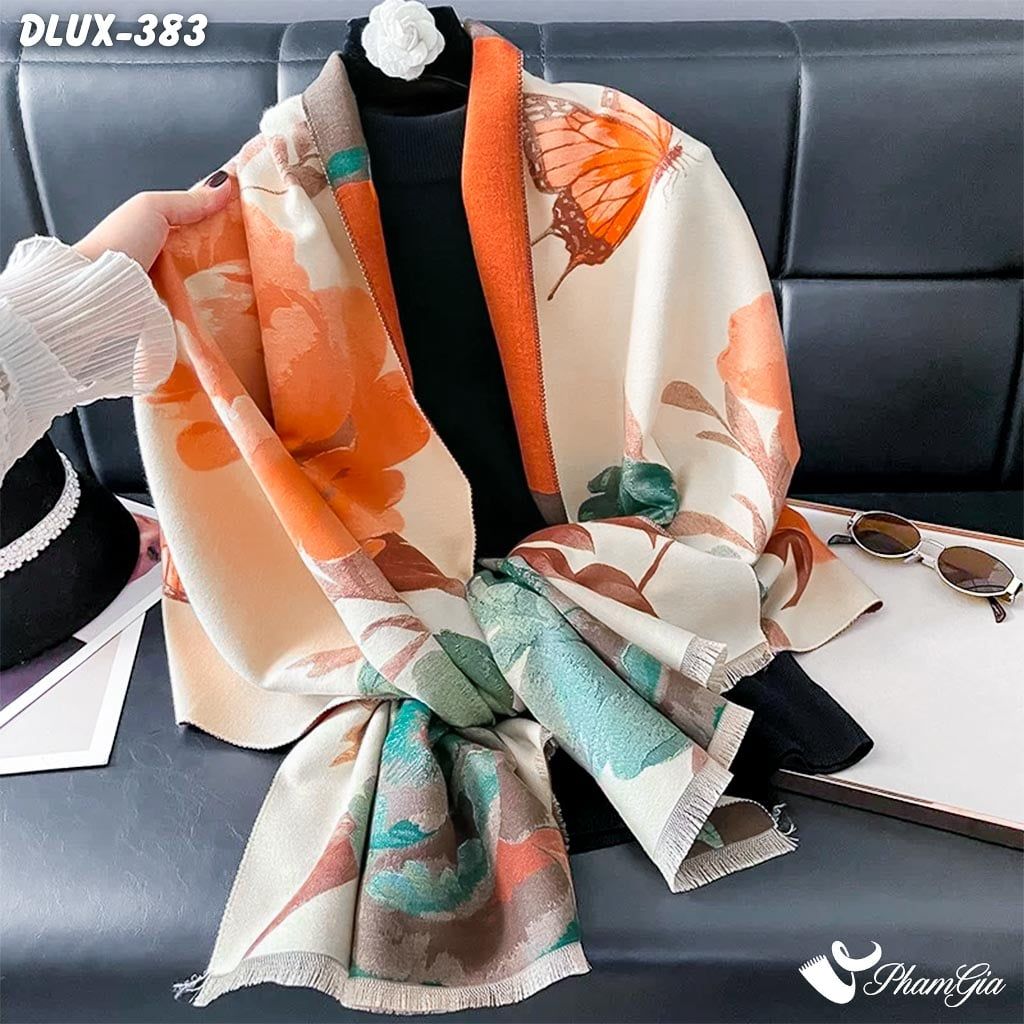 Khăn Choàng Dạ Cashmere Cao Cấp Họa Tiết Hoa Mẫu Đơn Màu Xanh Ngọc (DLUX383)