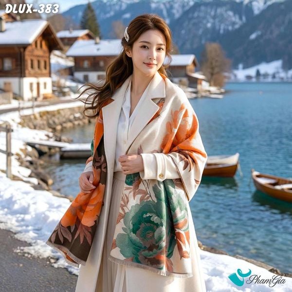 Khăn Choàng Dạ Cashmere Cao Cấp Họa Tiết Hoa Mẫu Đơn Màu Xanh Ngọc (DLUX383)