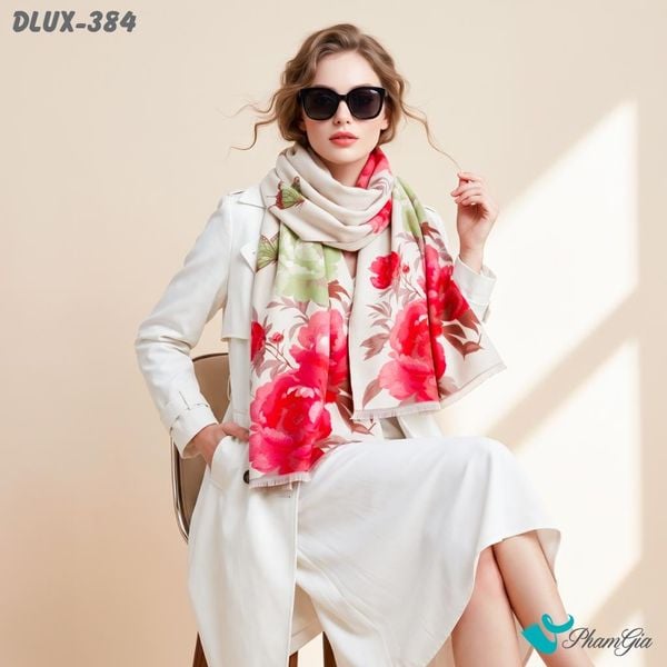 Khăn Choàng Dạ Cashmere Cao Cấp Họa Tiết Hoa Mẫu Đơn Màu Đỏ (DLUX384)