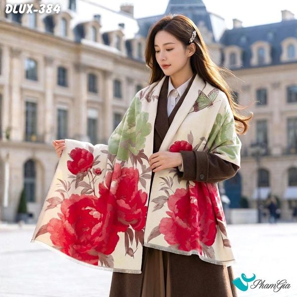 Khăn Choàng Dạ Cashmere Cao Cấp Họa Tiết Hoa Mẫu Đơn Màu Đỏ (DLUX384)
