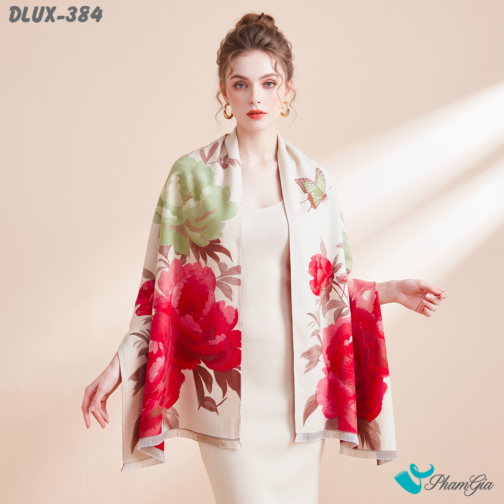 Khăn Choàng Dạ Cashmere Cao Cấp Họa Tiết Hoa Mẫu Đơn Màu Đỏ (DLUX384)