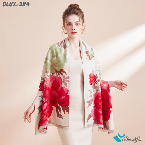 Khăn Choàng Dạ Cashmere Cao Cấp Họa Tiết Hoa Mẫu Đơn Màu Đỏ (DLUX384)