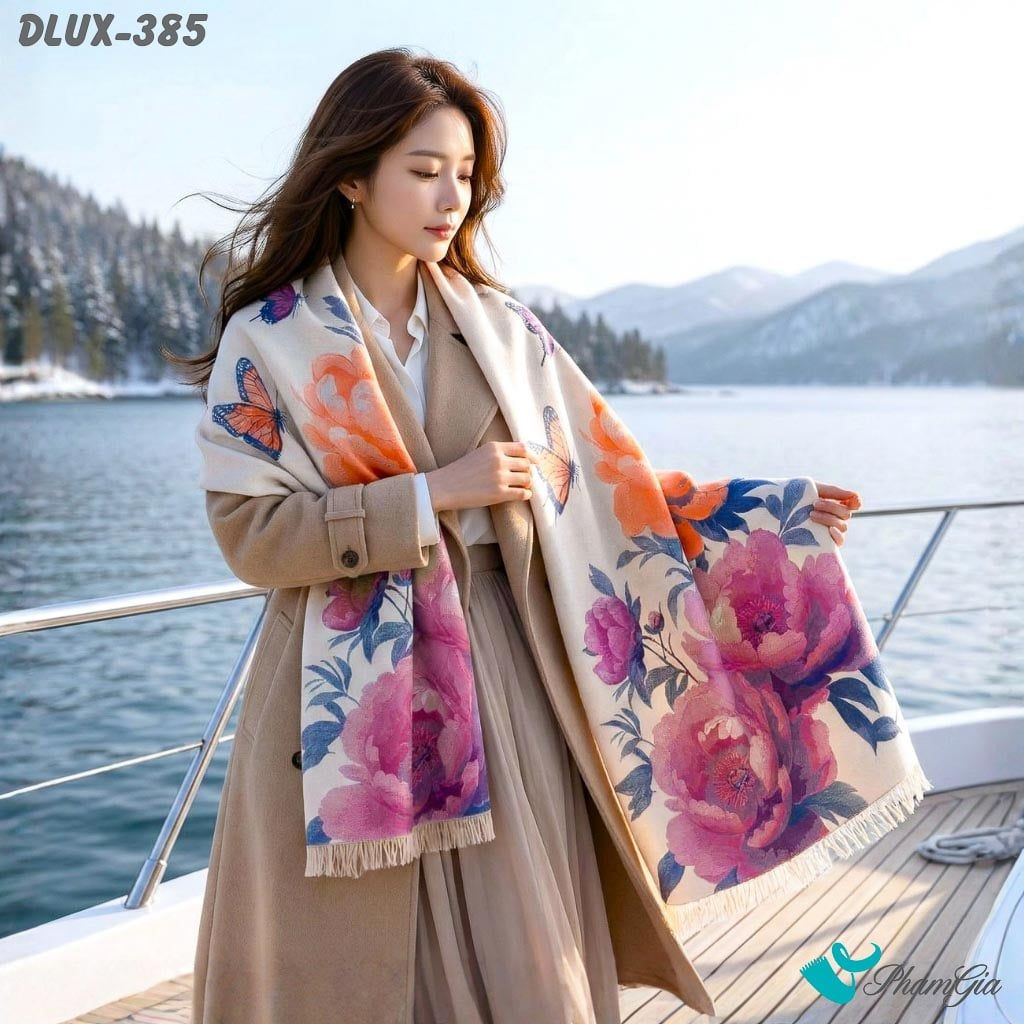 Khăn Choàng Dạ Cashmere Cao Cấp Họa Tiết Hoa Mẫu Đơn Màu Hồng (DLUX385)