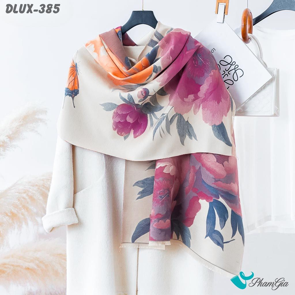 Khăn Choàng Dạ Cashmere Cao Cấp Họa Tiết Hoa Mẫu Đơn Màu Hồng (DLUX385)
