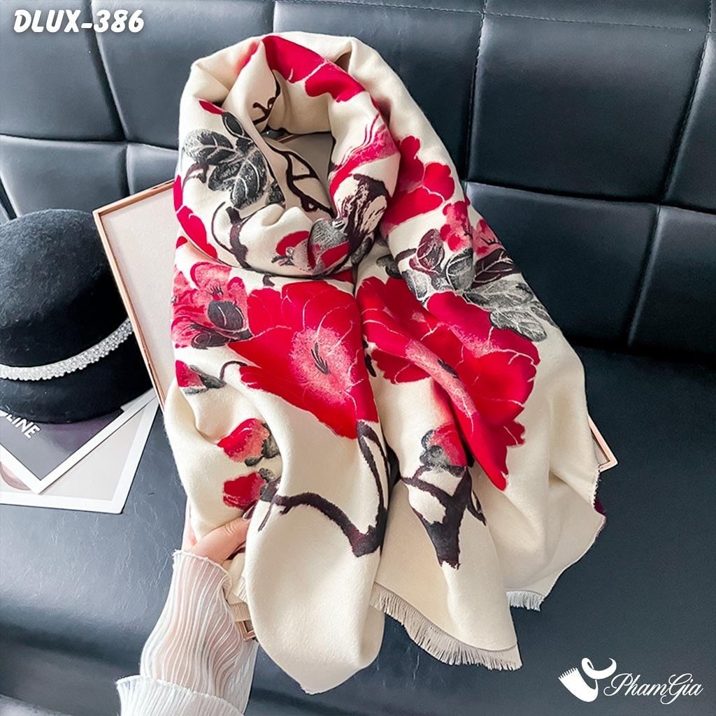 Khăn Choàng Dạ Cashmere Cao Cấp Họa Tiết Hoa Mẫu Đơn Màu Đỏ (DLUX384)