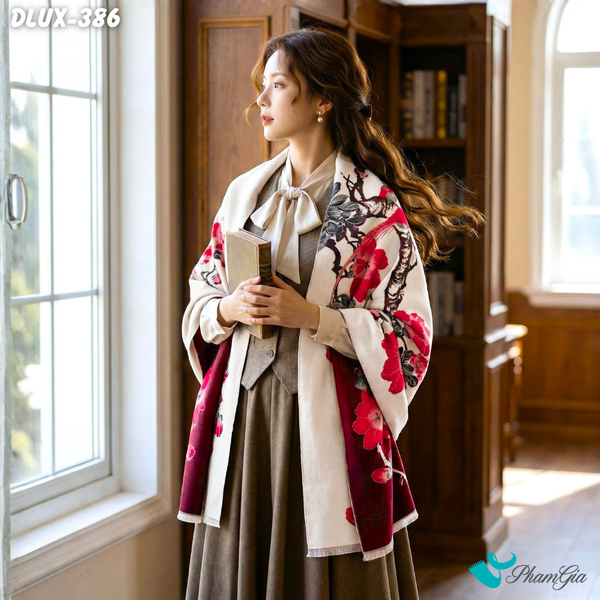 Khăn Choàng Dạ Cashmere Cao Cấp Họa Tiết Hoa Đào Màu Kem (DLUX386)