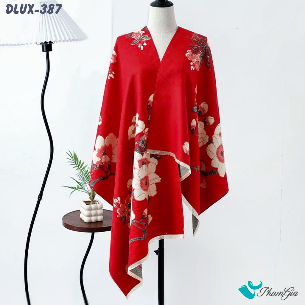 Khăn Choàng Dạ Cashmere Cao Cấp Họa Tiết Hoa Đào Màu Đỏ Sang Trọng (DLUX387)