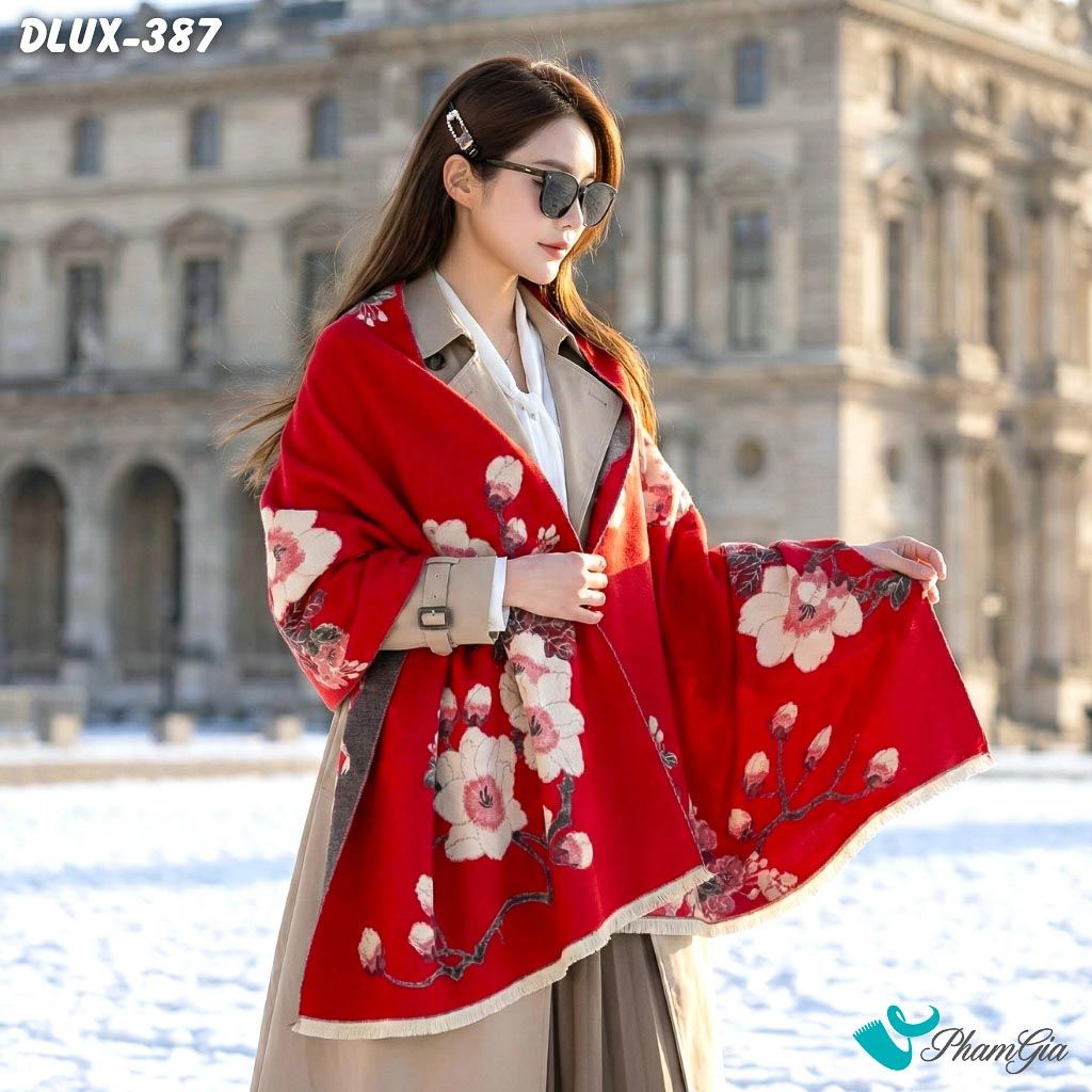 Khăn Choàng Dạ Cashmere Cao Cấp Họa Tiết Hoa Đào Màu Đỏ Sang Trọng (DLUX387)