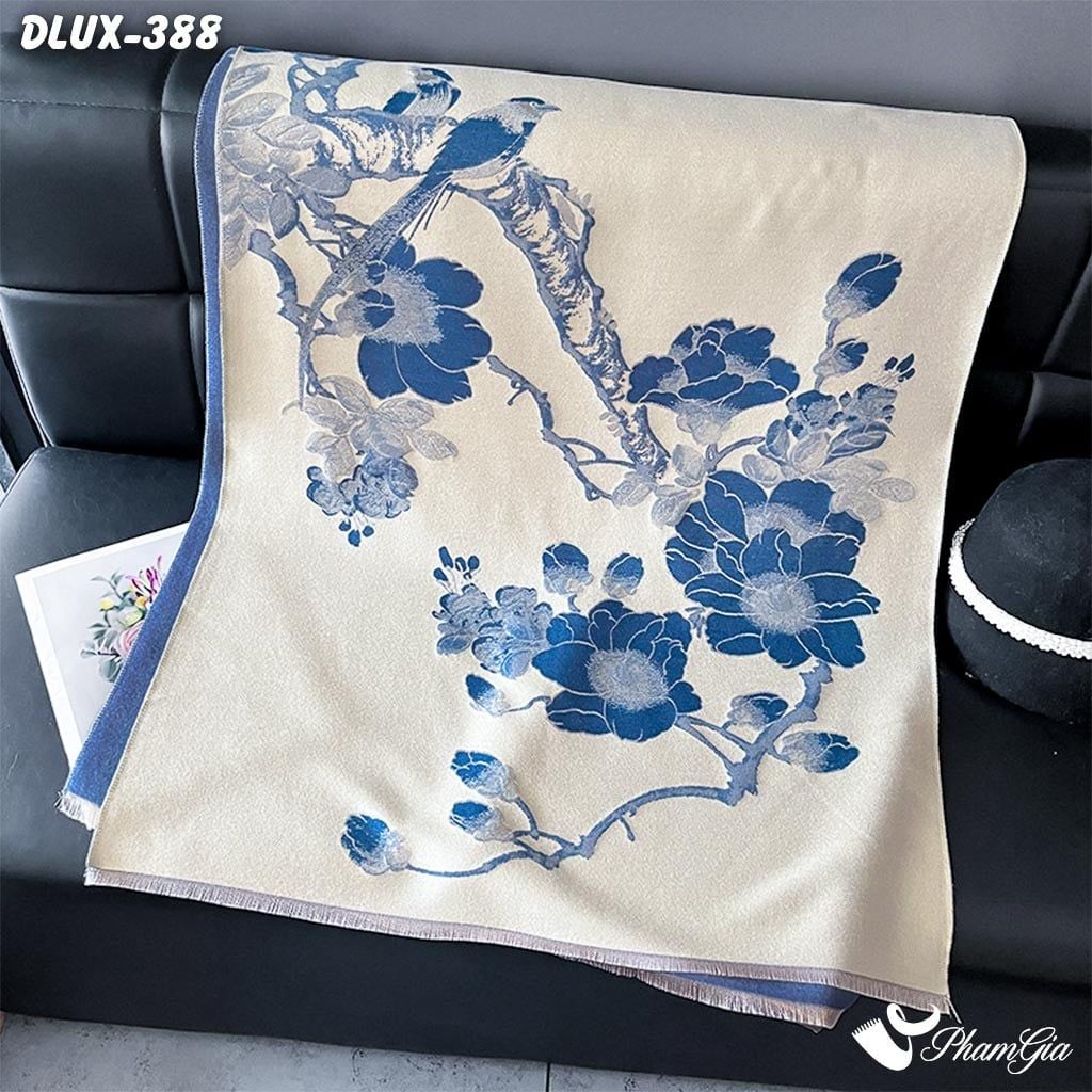 Khăn Choàng Dạ Cashmere Cao Cấp Họa Tiết Hoàng Yến Mộc Lan Màu Xanh (DLUX388)
