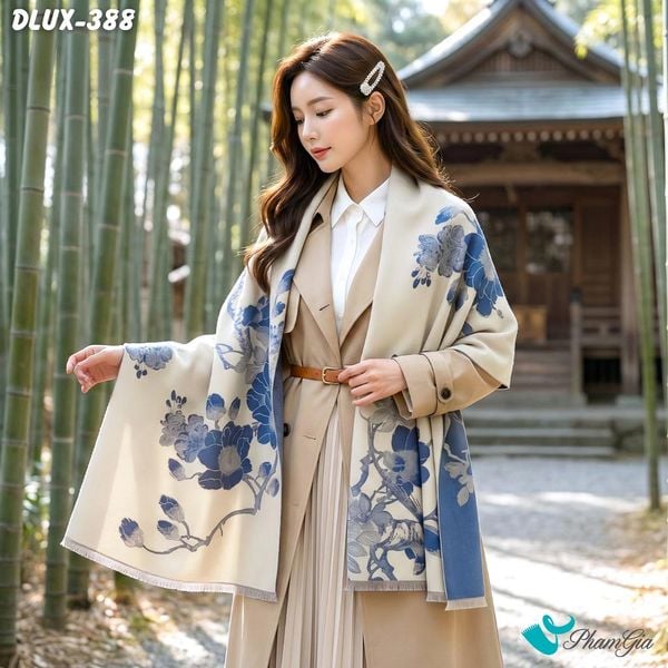 Khăn Choàng Dạ Cashmere Cao Cấp Họa Tiết Hoàng Yến Mộc Lan Màu Xanh (DLUX388)