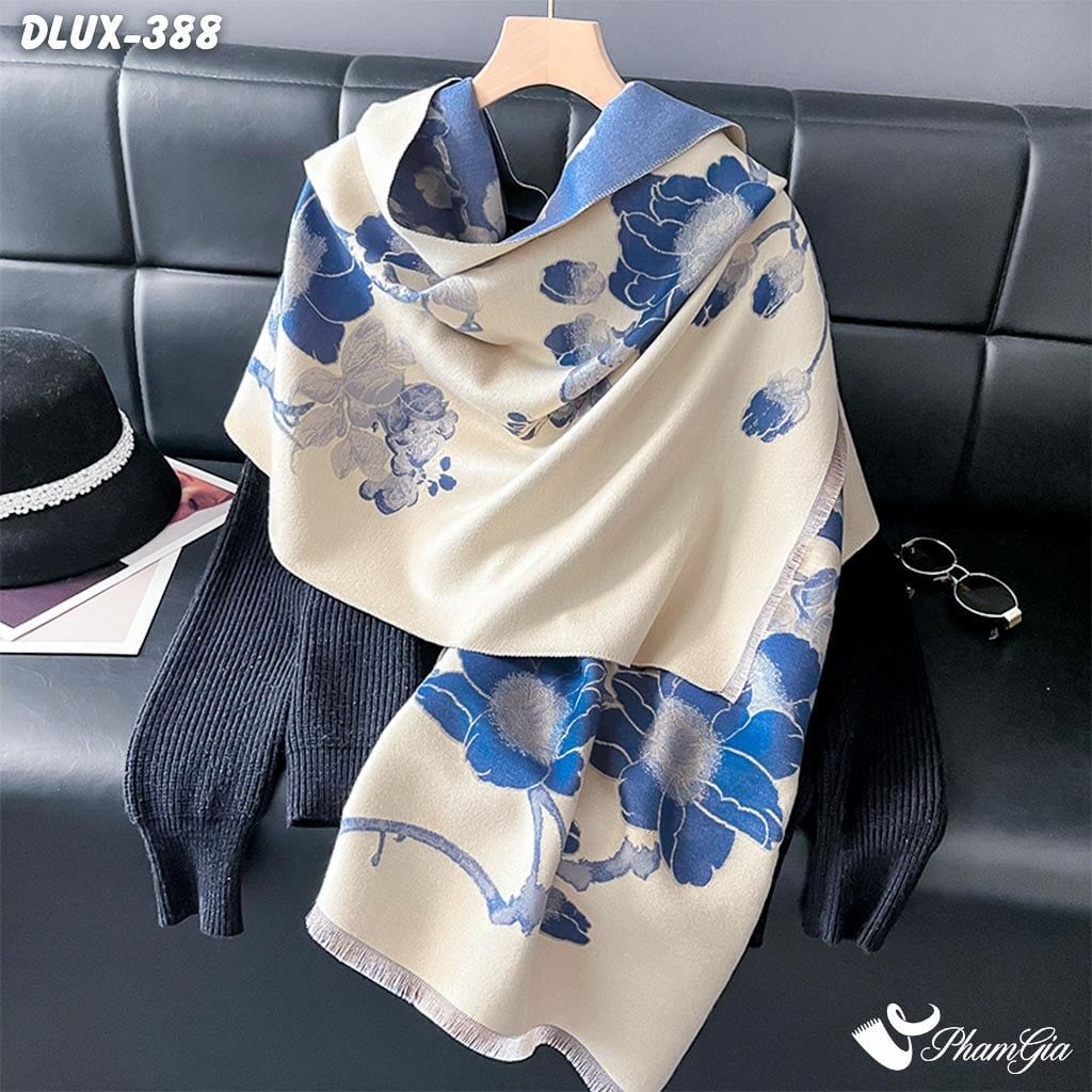 Khăn Choàng Dạ Cashmere Cao Cấp Họa Tiết Hoàng Yến Mộc Lan Màu Xanh (DLUX388)