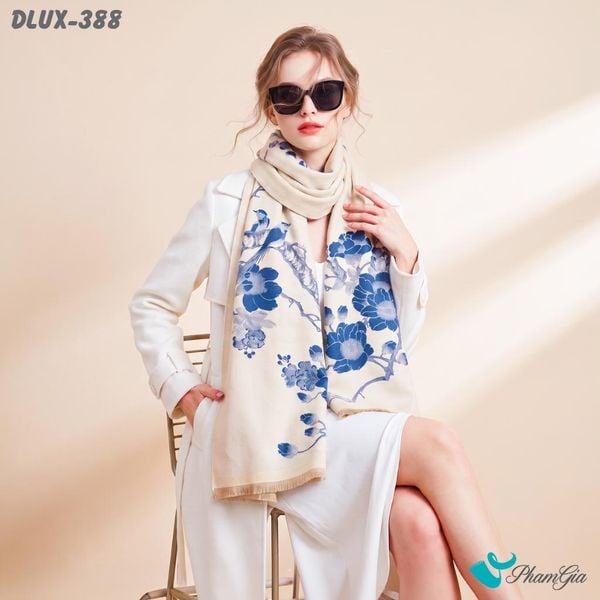 Khăn Choàng Dạ De Luxe Giữ Ấm Cao Cấp Họa Tiết Hoàng Yến Mộc Lan Màu Xanh (DLUX388)