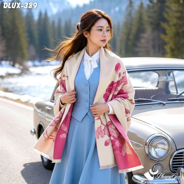 Khăn Choàng Dạ Cashmere Cao Cấp Họa Tiết Hoàng Yến Mộc Lan Màu Hồng (DLUX389)