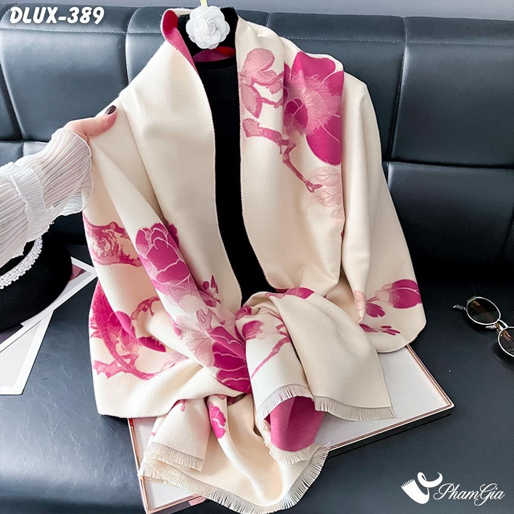 Khăn Choàng Dạ Cashmere Cao Cấp Họa Tiết Hoàng Yến Mộc Lan Màu Hồng (DLUX389)