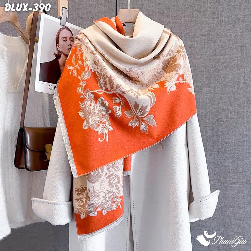 Khăn Choàng Dạ Cashmere Cao Cấp Họa Tiết Hoa Dây Leo Màu Cam (DLUX390)