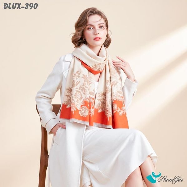 Khăn Choàng Dạ De Luxe Giữ Ấm Cao Cấp Họa Tiết Hoa Dây Leo Màu Cam (DLUX390)