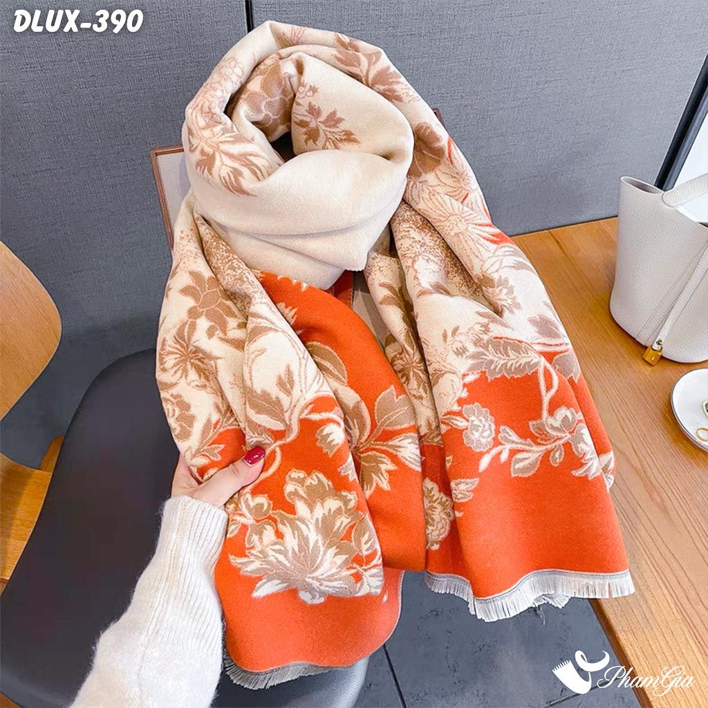 Khăn Choàng Dạ Cashmere Cao Cấp Họa Tiết Hoa Dây Leo Màu Cam (DLUX390)