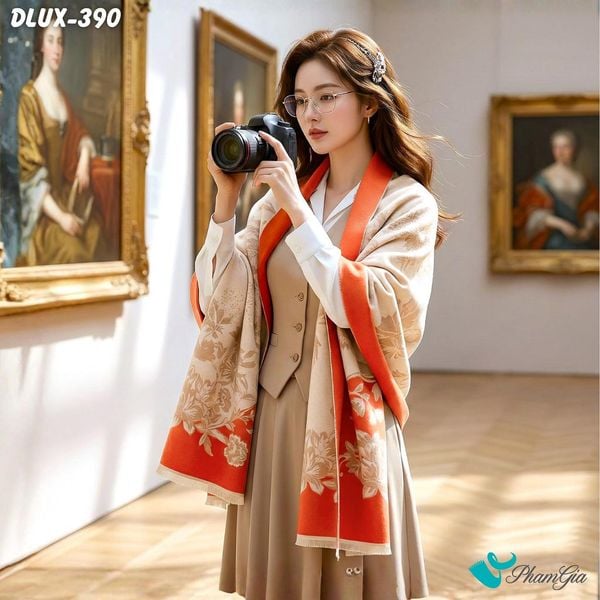 Khăn Choàng Dạ Cashmere Cao Cấp Họa Tiết Hoa Dây Leo Màu Cam (DLUX390)